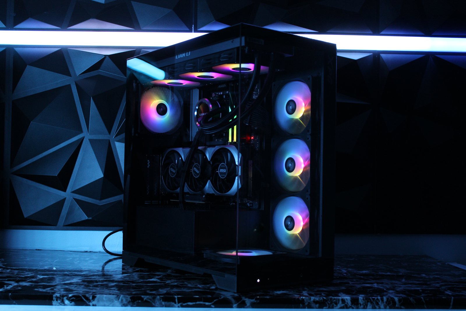 Black custom gaming PC with RGB fans and an MSI graphics card, built at Computer Connection
